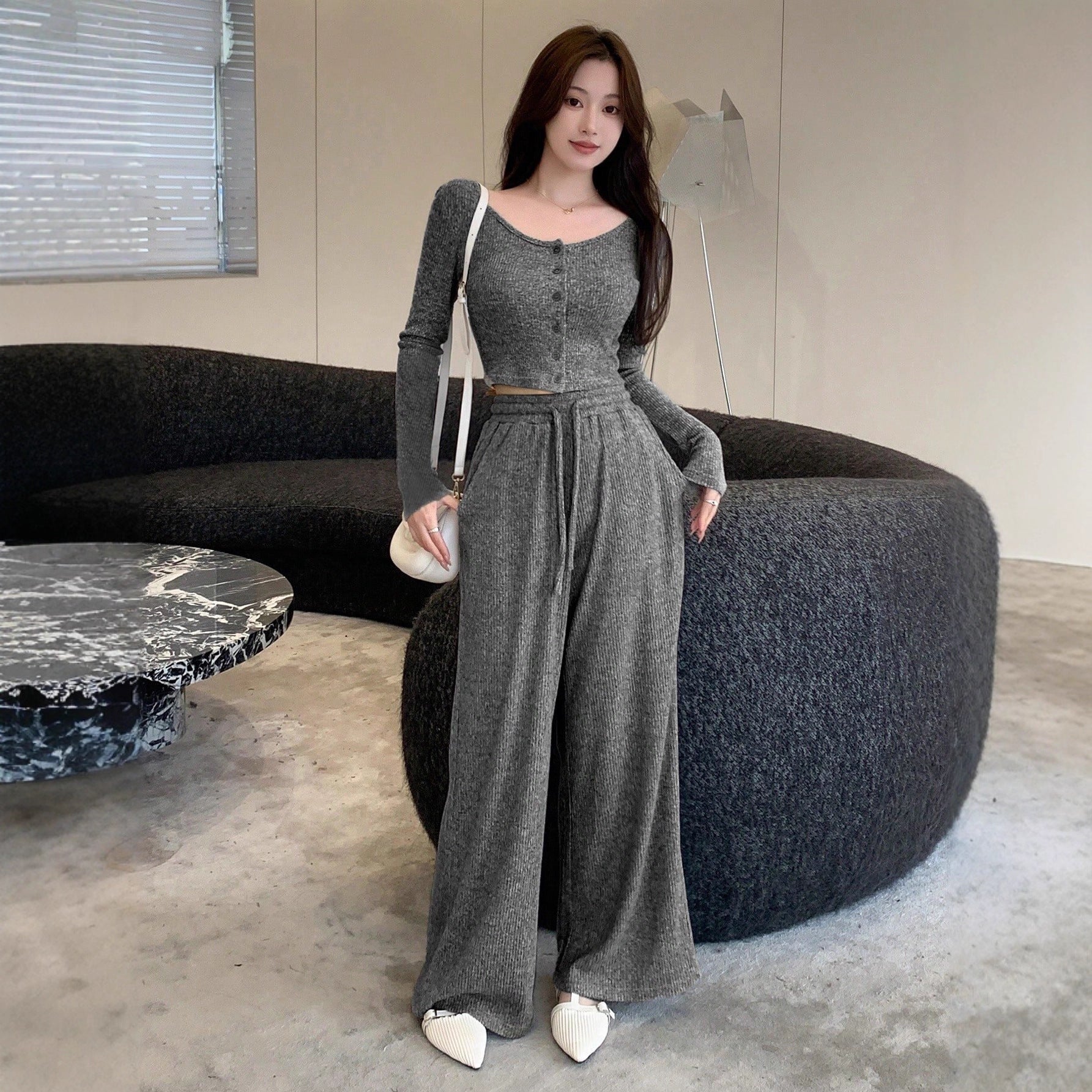 Women's Wide-leg Pants Autumn And Winter Straight High-waisted Drape Drawstring Casual Set