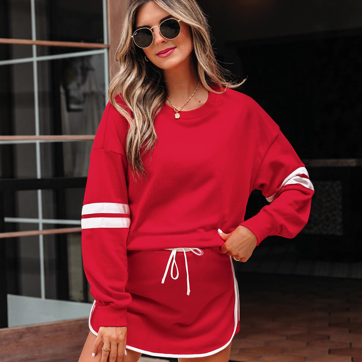 Loose Long Sleeve Women's Versatile Printed Dress Two-piece Set