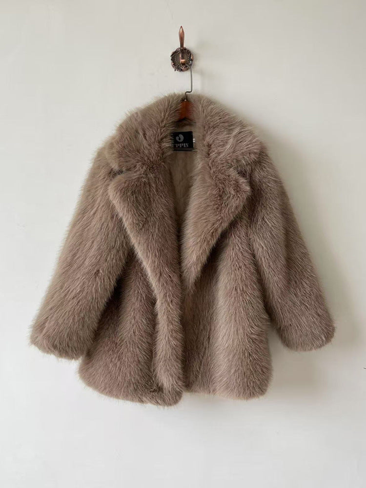 Women's Autumn Winter Warm Notched Collar Mid-Length Fur Coat