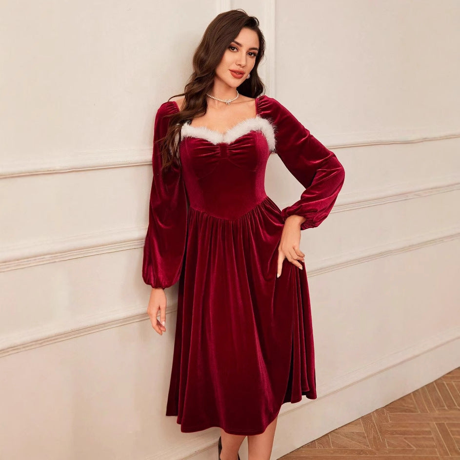 Women's Vintage Christmas Party Long Sleeve Red Velvet Dress Square Collar Dress Elegant Slimming Waist Autumn Women's Clothing