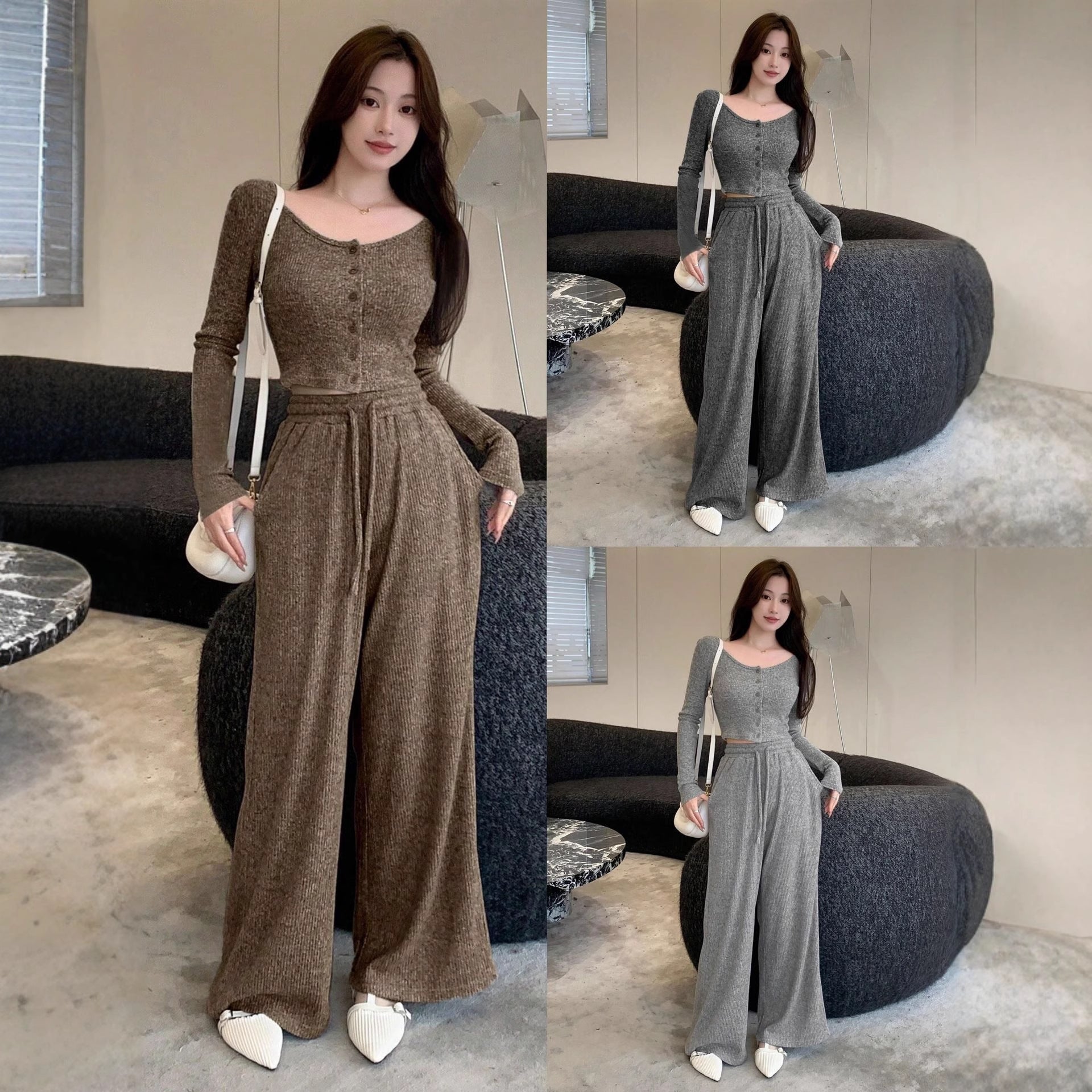 Women's Wide-leg Pants Autumn And Winter Straight High-waisted Drape Drawstring Casual Set