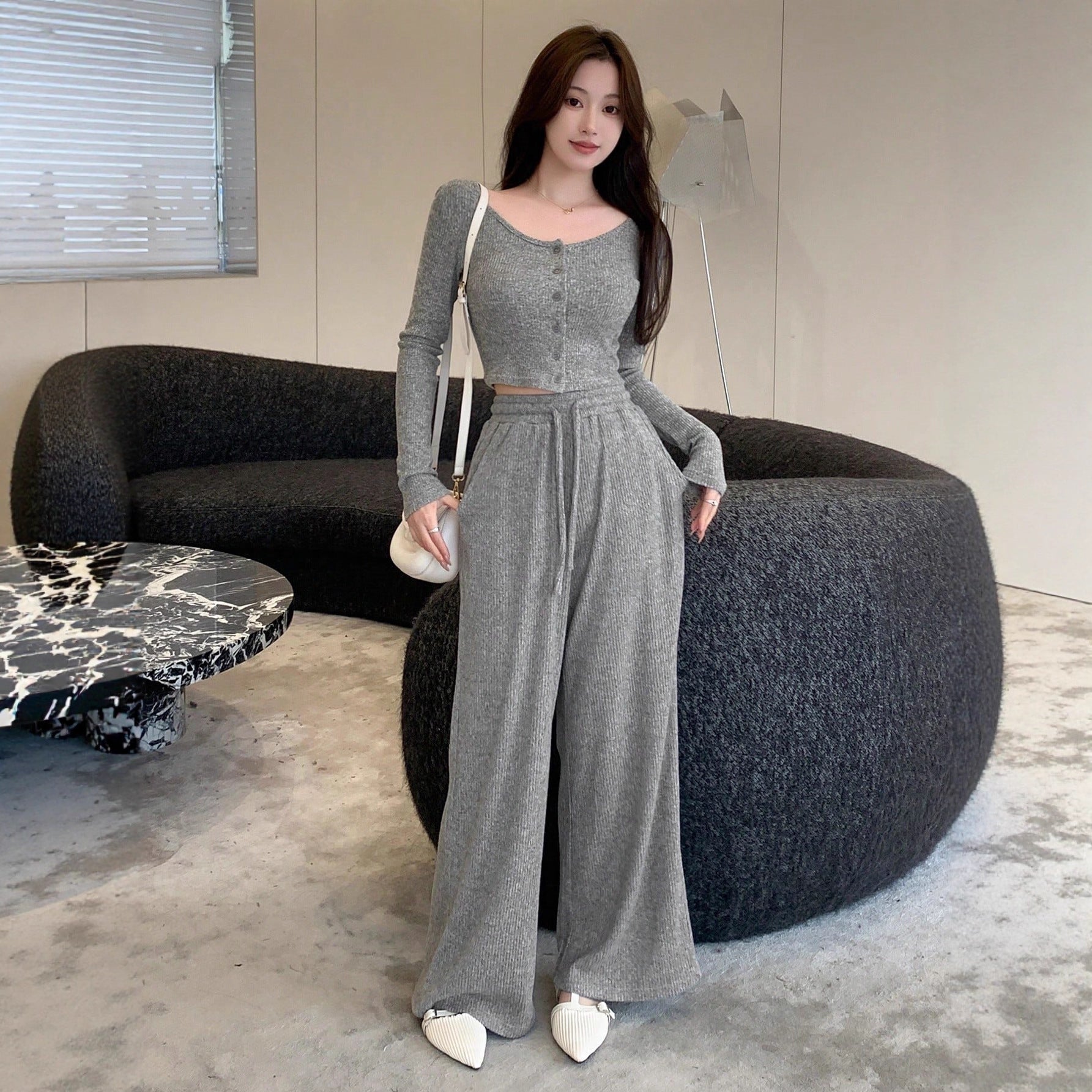 Women's Wide-leg Pants Autumn And Winter Straight High-waisted Drape Drawstring Casual Set